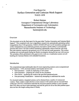 Surface Generation and Cartesian Mesh Support NAG2- 1458