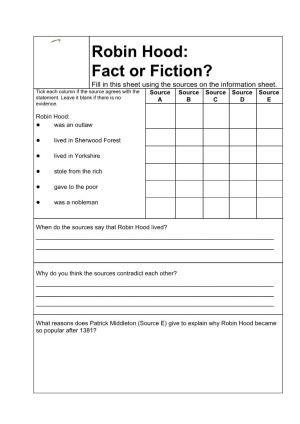 Robin Hood: Fact Or Fiction? Fill in This Sheet Using the Sources on the Information Sheet