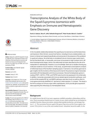 Transcriptome Analysis of the White Body of the Squid Euprymna Tasmanica with Emphasis on Immune and Hematopoietic Gene Discovery