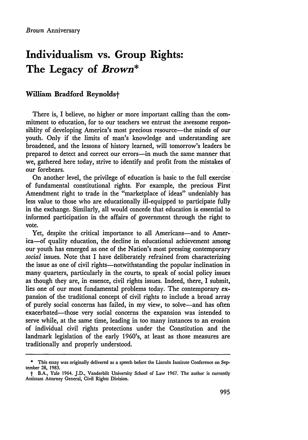 Individualism Vs. Group Rights: the Legacy of Brown*