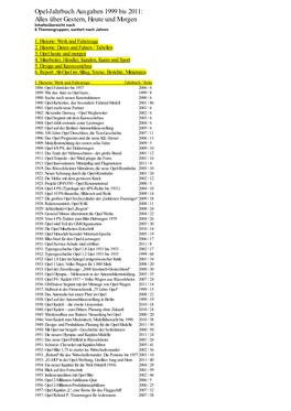 Opel-Jahrbuch Ausgaben 1999 Bis 2011: Alles Über Gestern, Heute Und Morgen Inhaltsübersicht Nach 6 Themengruppen, Sortiert Nach Jahren