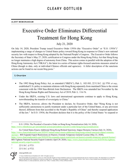 Executive Order Eliminates Differential Treatment for Hong Kong