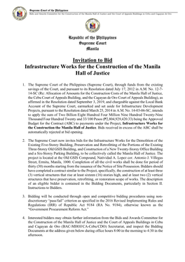 Invitation to Bid Infrastructure Works for the Construction of the Manila Hall of Justice