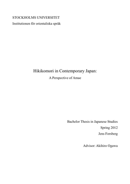 Hikikomori in Contemporary Japan: a Perspective of Amae