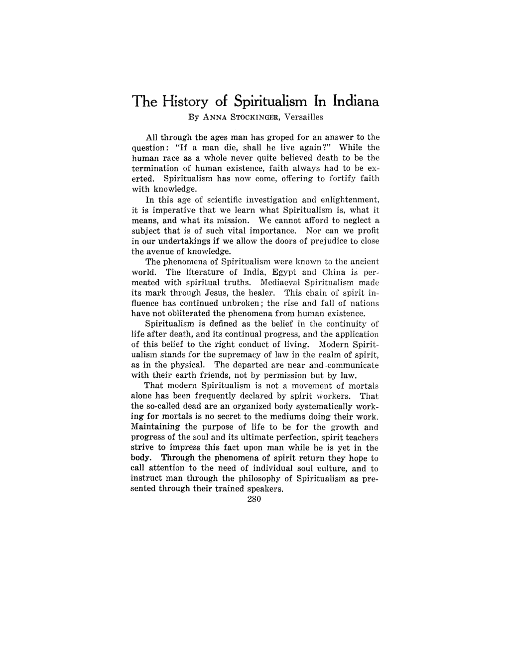 The History of Spiritualism in Indiana by ANNA STOCKINGER,Versailles