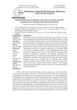 Gender Differences in Relation with Locus of Control and Self- Assertiveness in Colleges and University Teachers Tayyaba Naveed1 Dr