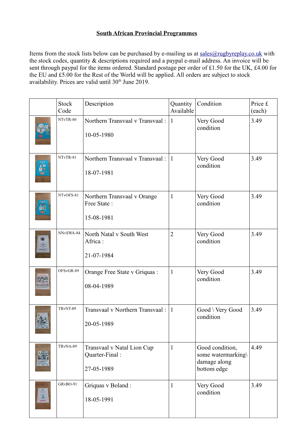 South African Provincial Programmes Items from the Stock Lists Below Can