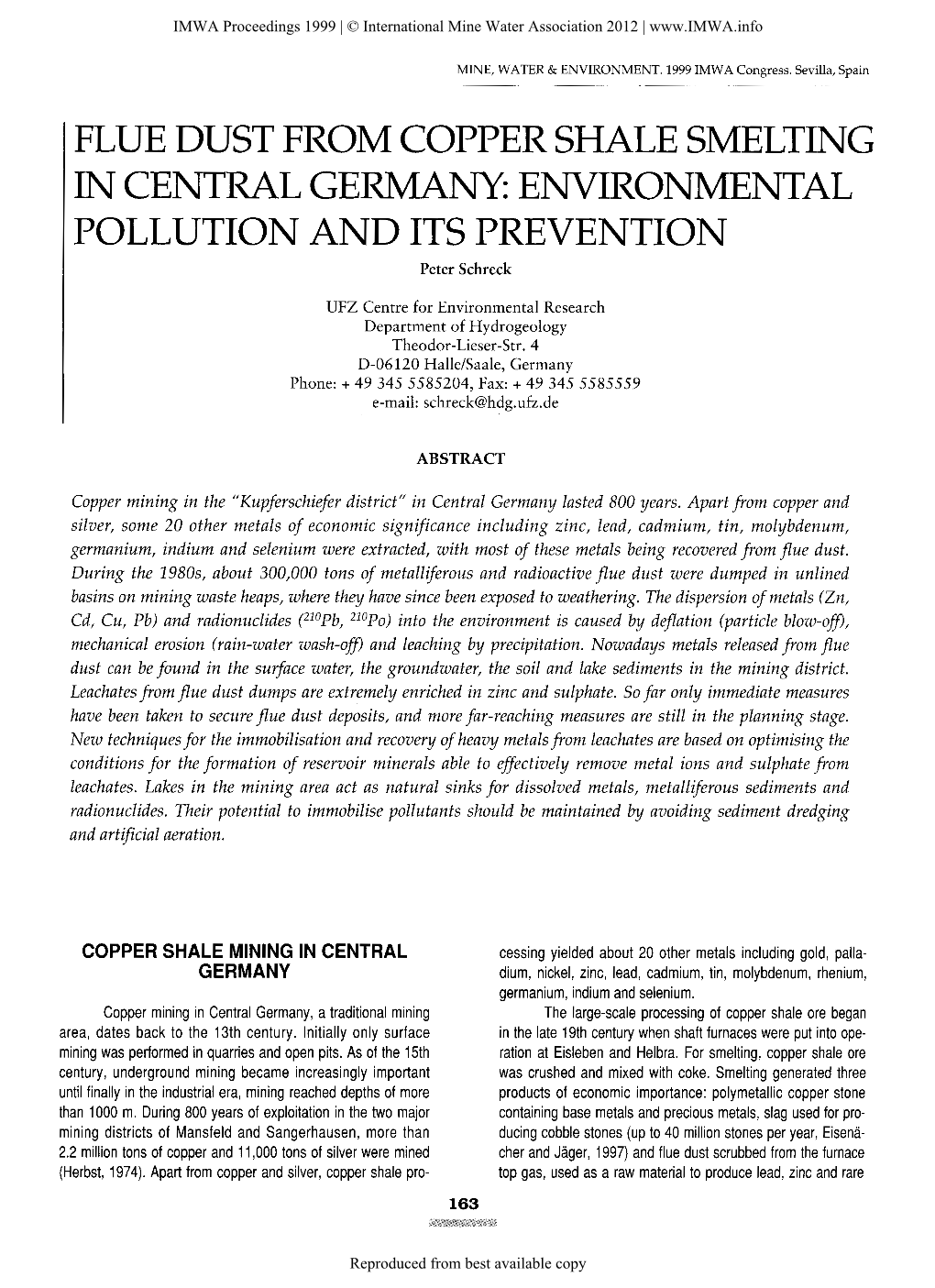 FLUE DUST from COPPER SHALE SMELTING in CENTRAL GERMANY: ENVIRONMENTAL POLLUTION and ITS PREVENTION Peter Schreck