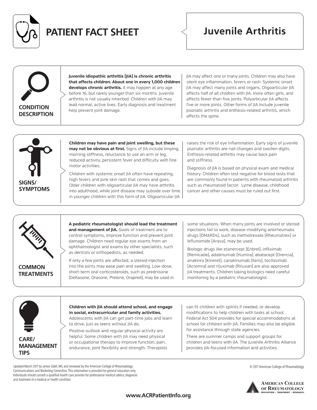 PATIENT FACT SHEET Juvenile Arthritis