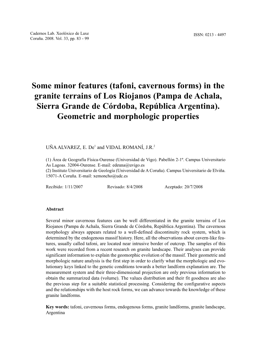 Some Minor Features (Tafoni, Cavernous Forms) in the Granite Terrains of Los Riojanos (Pampa De Achala, Sierra Grande De Córdoba, República Argentina)