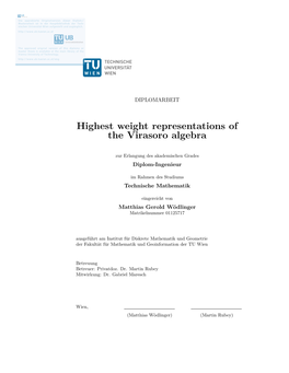 Highest Weight Representations of the Virasoro Algebra