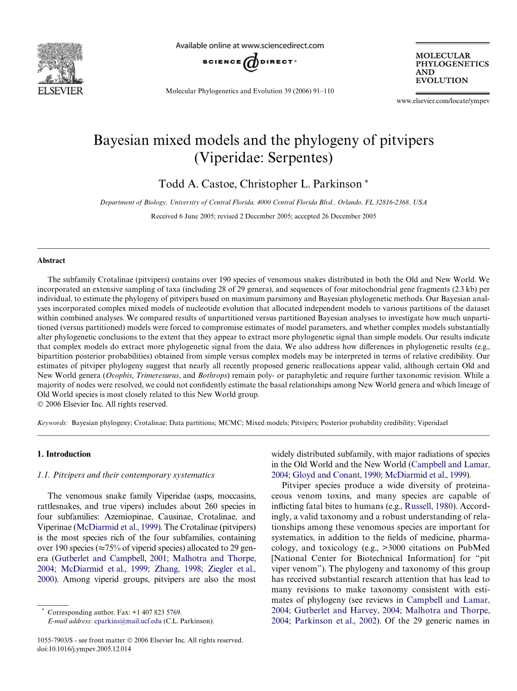 Bayesian Mixed Models and the Phylogeny of Pitvipers (Viperidae: Serpentes)