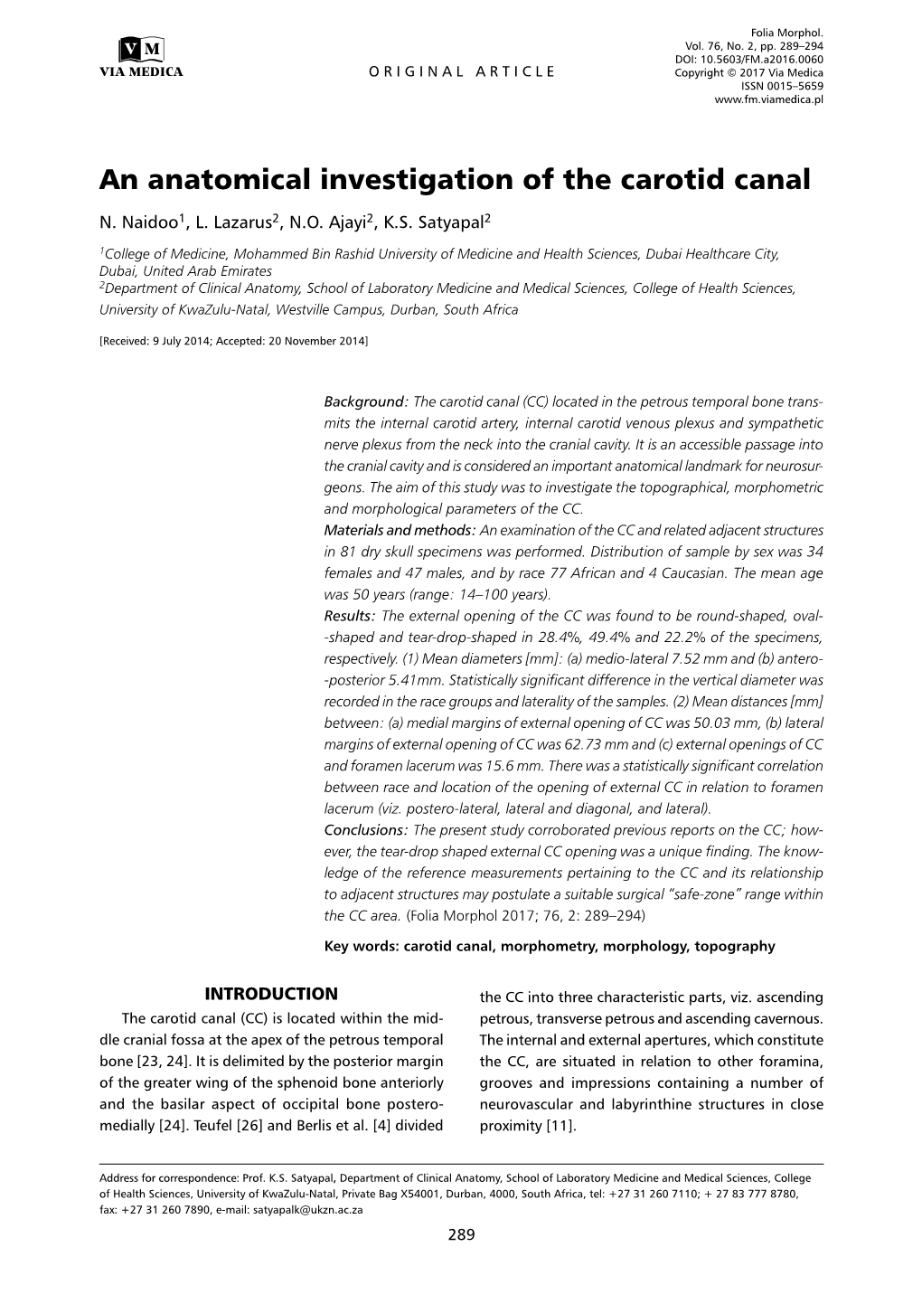 An Anatomical Investigation of the Carotid Canal N