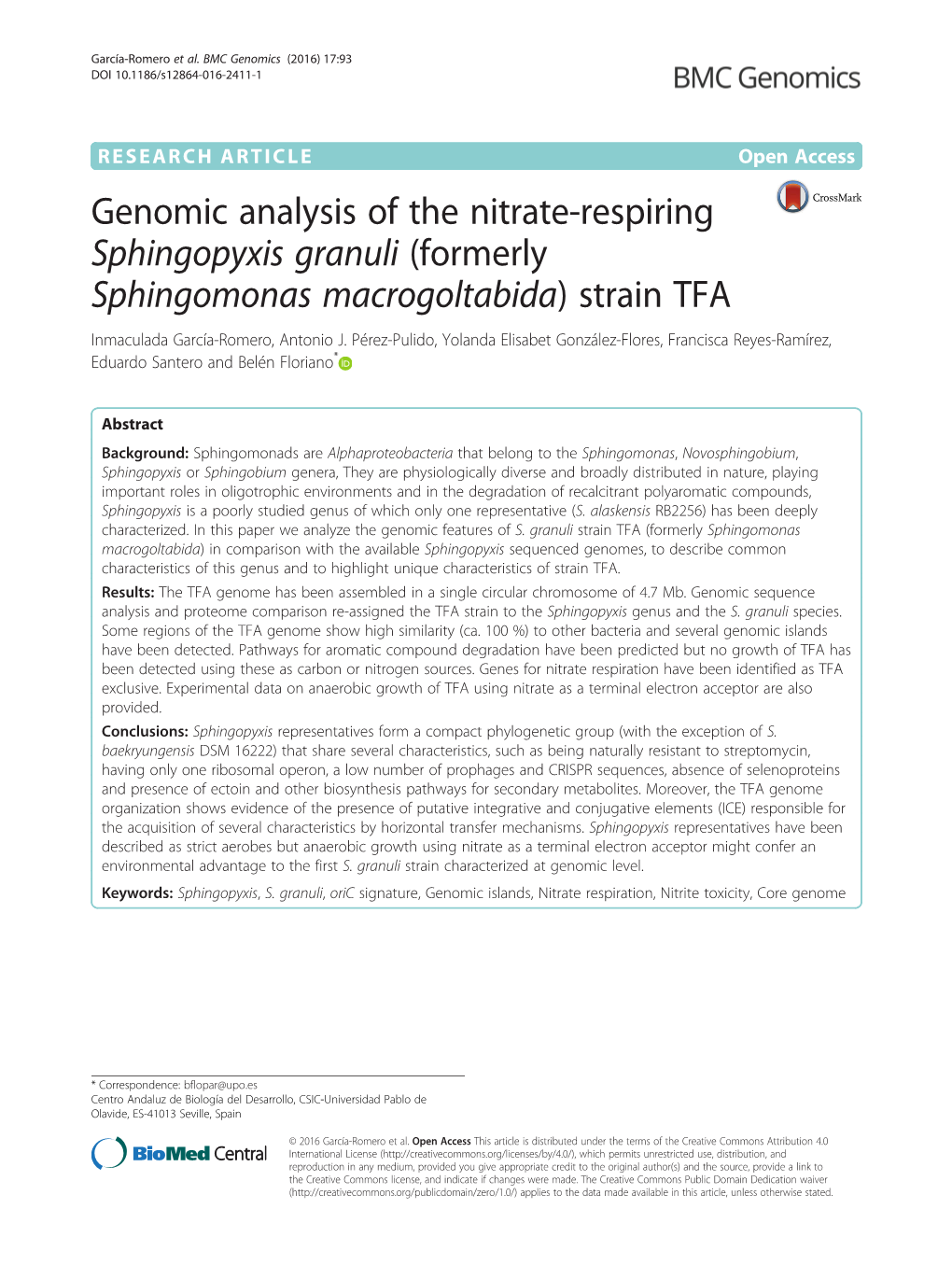 Genomic Analysis of the Nitrate-Respiring Sphingopyxis Granuli (Formerly Sphingomonas Macrogoltabida) Strain TFA Inmaculada García-Romero, Antonio J