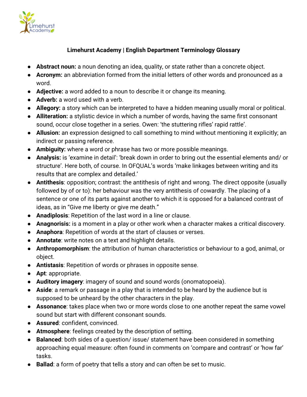 English Department Terminology Glossary