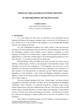 Notes on Cebuano-Bisayan Ethnic Identity in the Philippine Mult