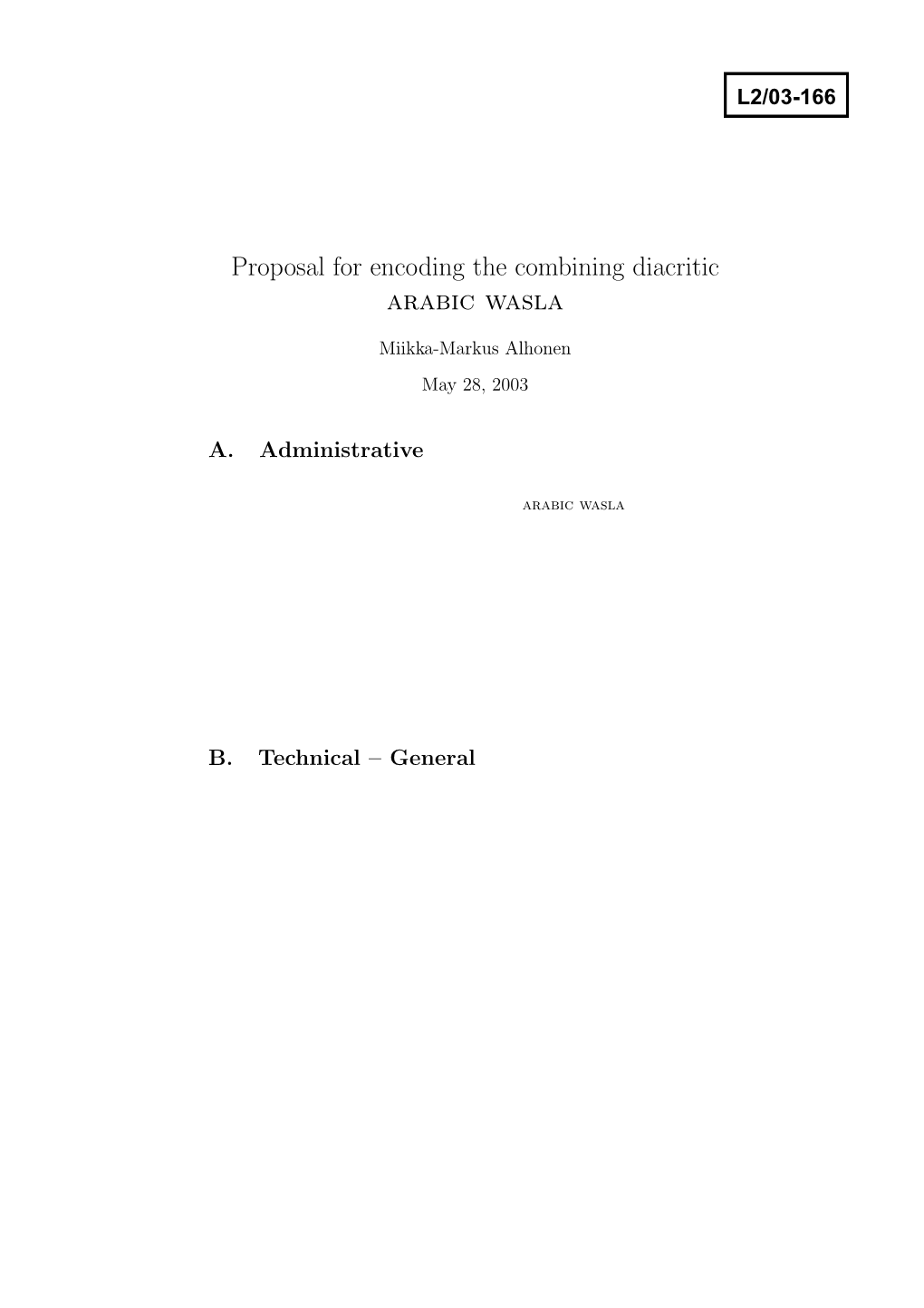 Proposal for Encoding the Combining Diacritic Arabic Wasla