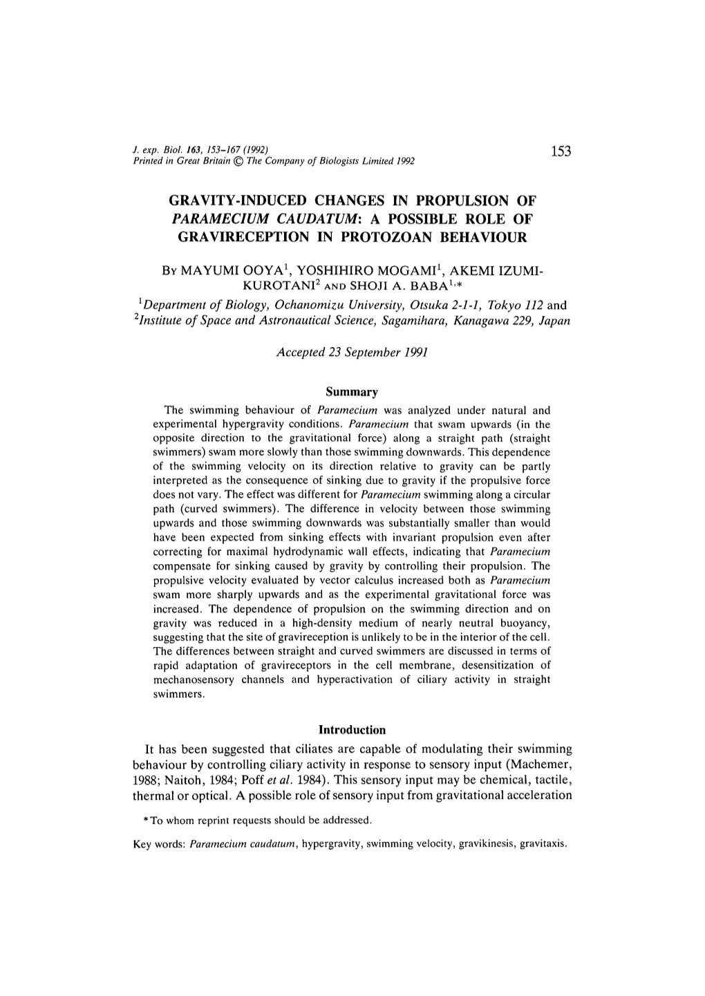 Gravity-Induced Changes in Propulsion of Paramecium Caudatum: a Possible Role of Gravireception in Protozoan Behaviour