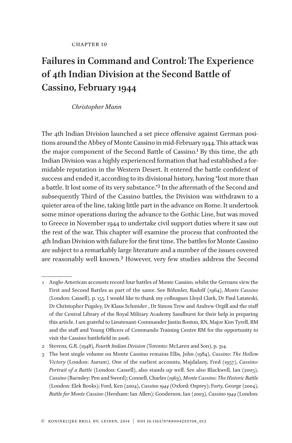 Failures in Command and Control: the Experience of 4Th Indian Division at the Second Battle of Cassino, February 1944