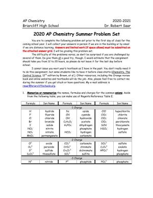 2020 AP Chemistry Summer Problem Set