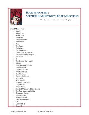STEPHEN KING ULTIMATE BOOK SELECTIONS *Short Stories and Poems on Separate Pages