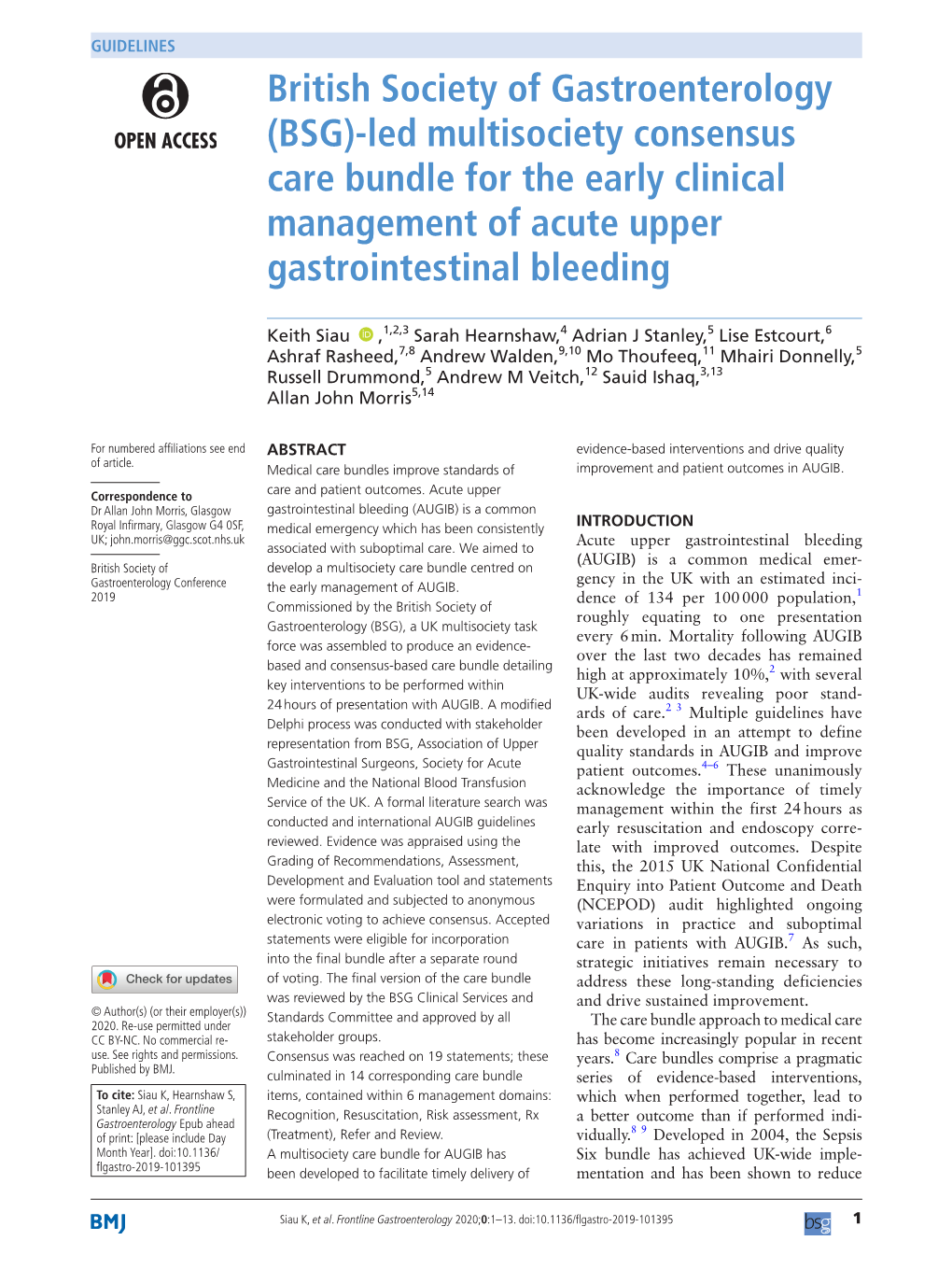 (BSG)- Led Multisociety Consensus Care Bundle for the Early Clinical