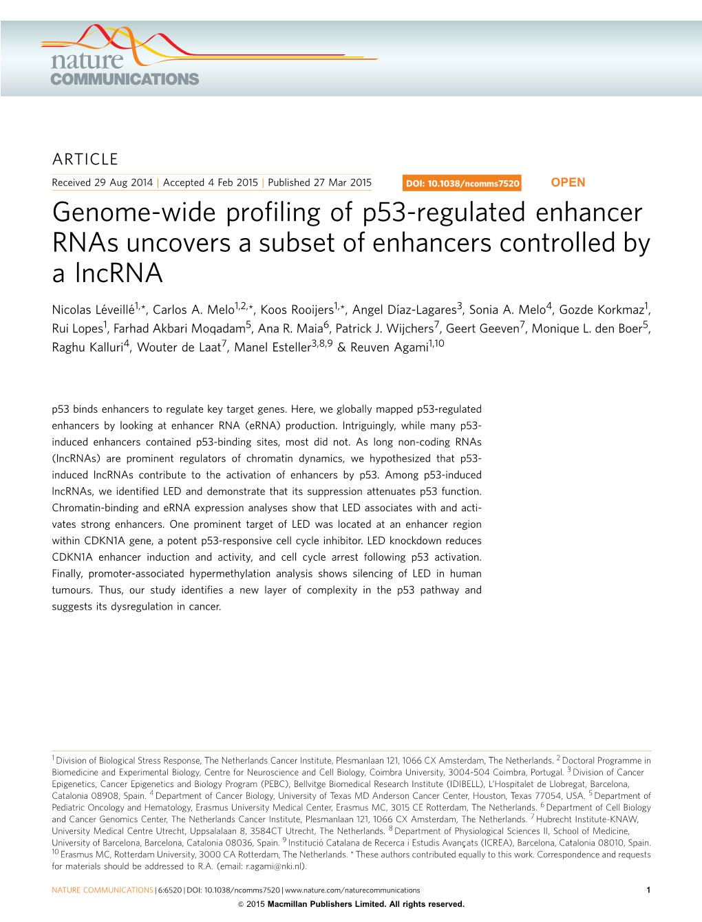 Genome-Wide Profiling of P53-Regulated Enhancer Rnas