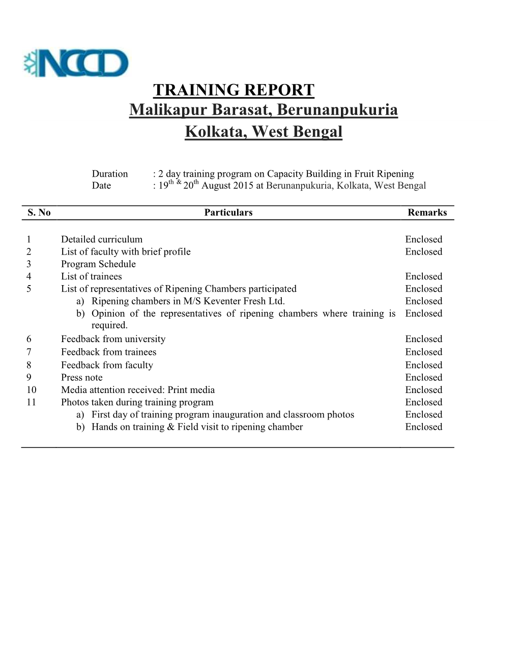 TRAINING REPORT Malikapur Barasat, Berunanpukuria Kolkata, West Bengal