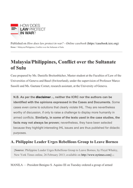 Malaysia/Philippines, Conflict Over the Sultanate of Sulu