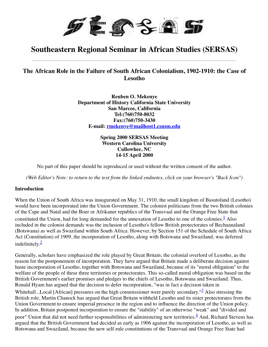 The African Role in the Failure of South African Colonialism, 1902-1910: the Case of Lesotho