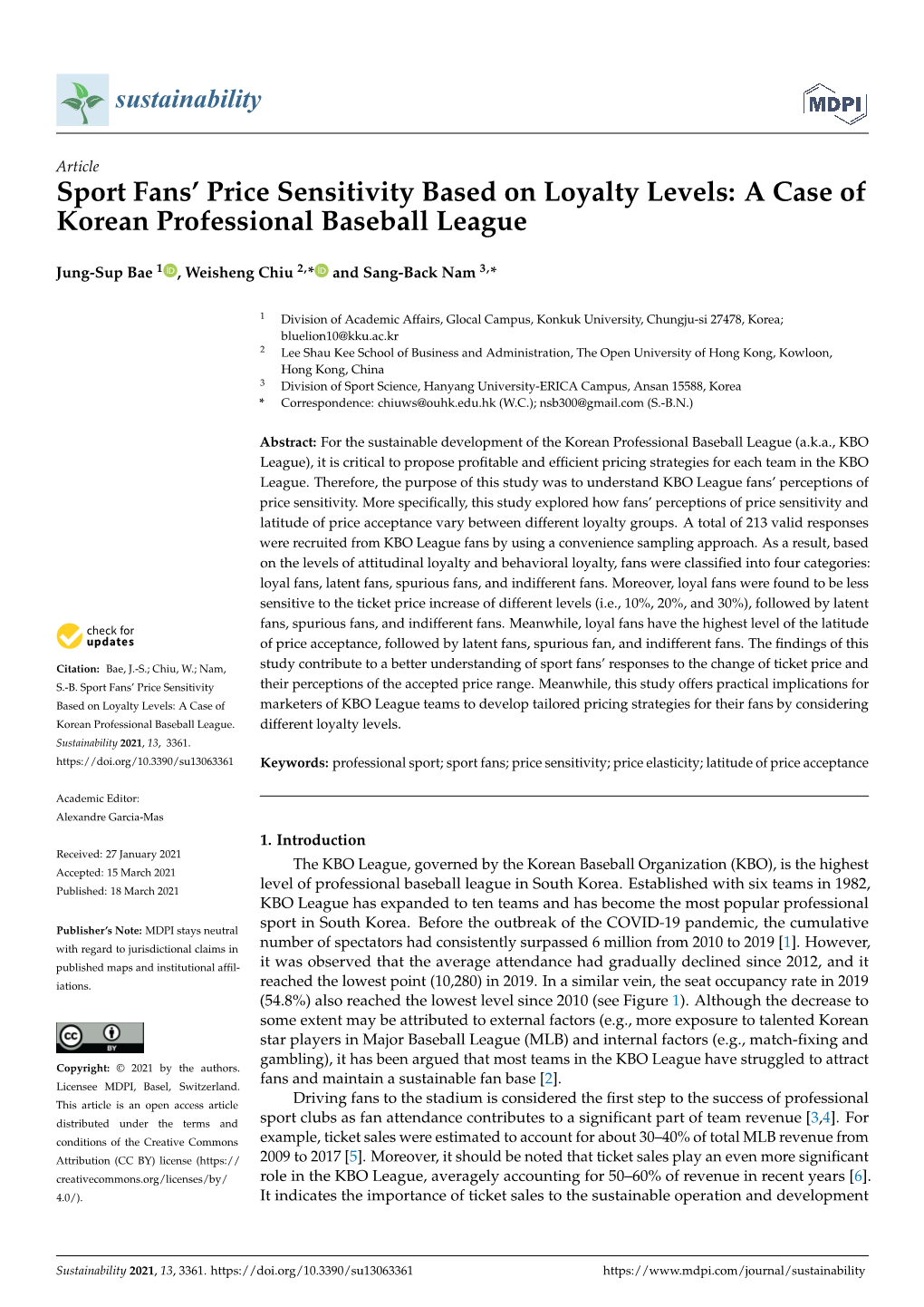 Sport Fans' Price Sensitivity Based on Loyalty Levels: a Case of Korean Professional Baseball League