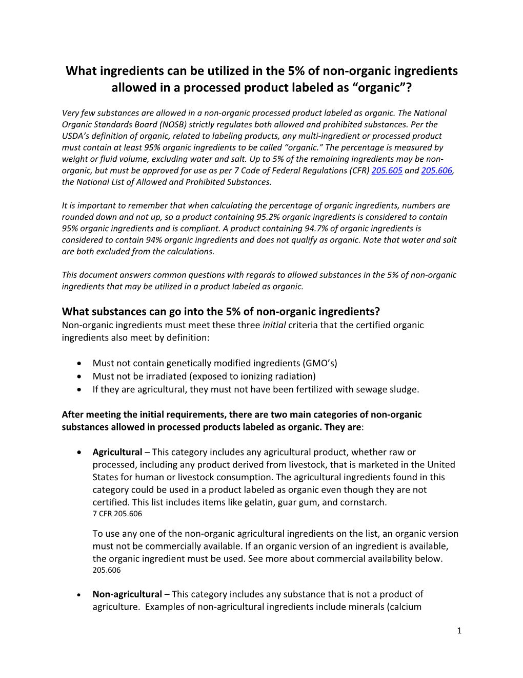 What Ingredients Can Be Utilized in the 5% of Non-Organic Ingredients Allowed in a Processed Product Labeled As “Organic”?