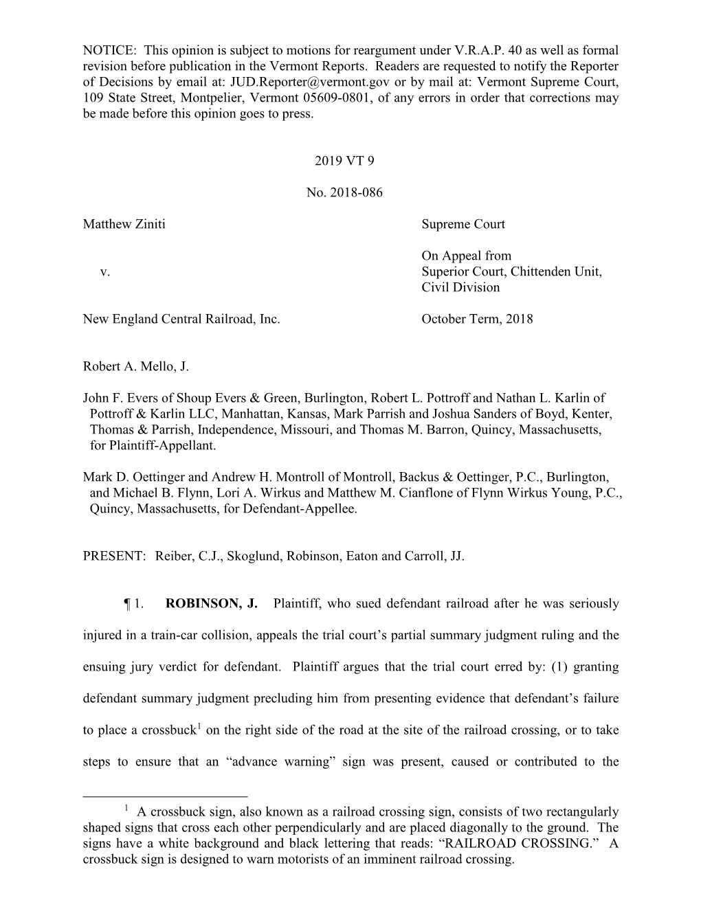 Matthew Ziniti V. New England Central Railroad, Inc