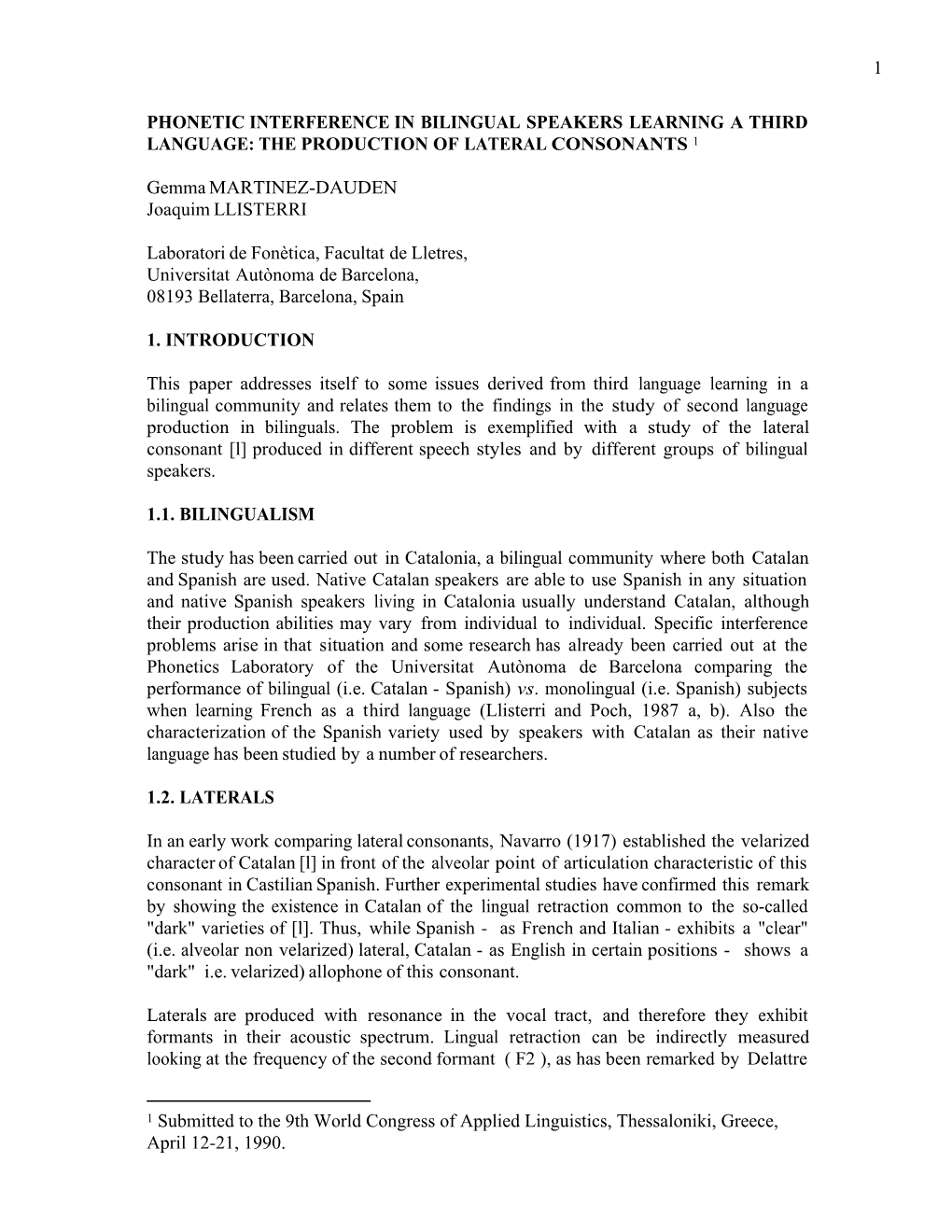 Lateral Consonant Production in Bilinguals