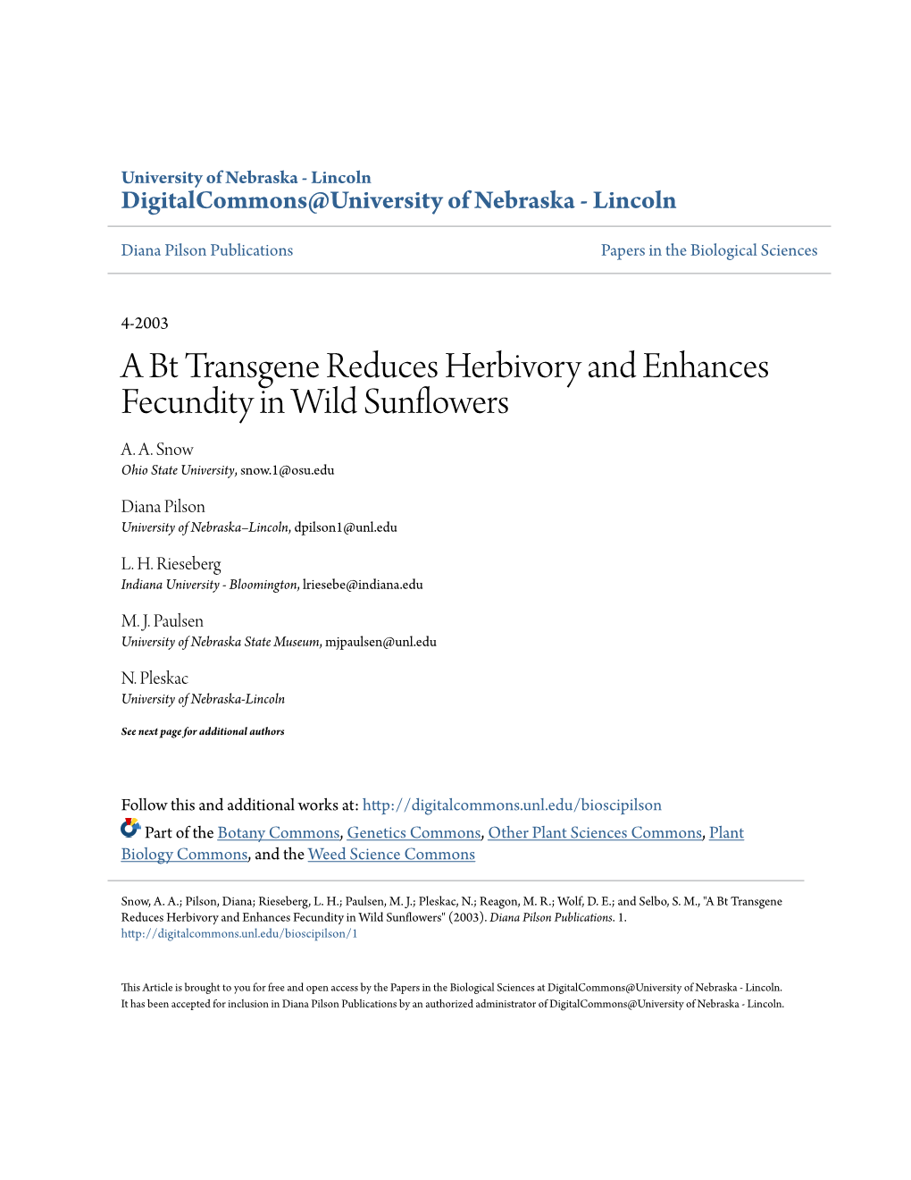 A Bt Transgene Reduces Herbivory and Enhances Fecundity in Wild Sunflowers A
