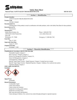 Safety Data Sheet Material Name: SAFETY-KLEEN TRICHLOROETHYLENE SDS ID: 82333