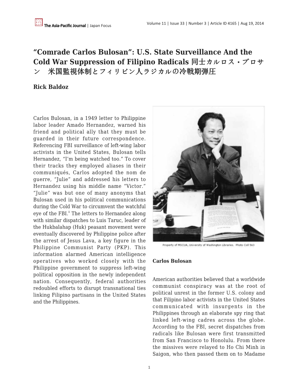 Comrade Carlos Bulosan”: U.S