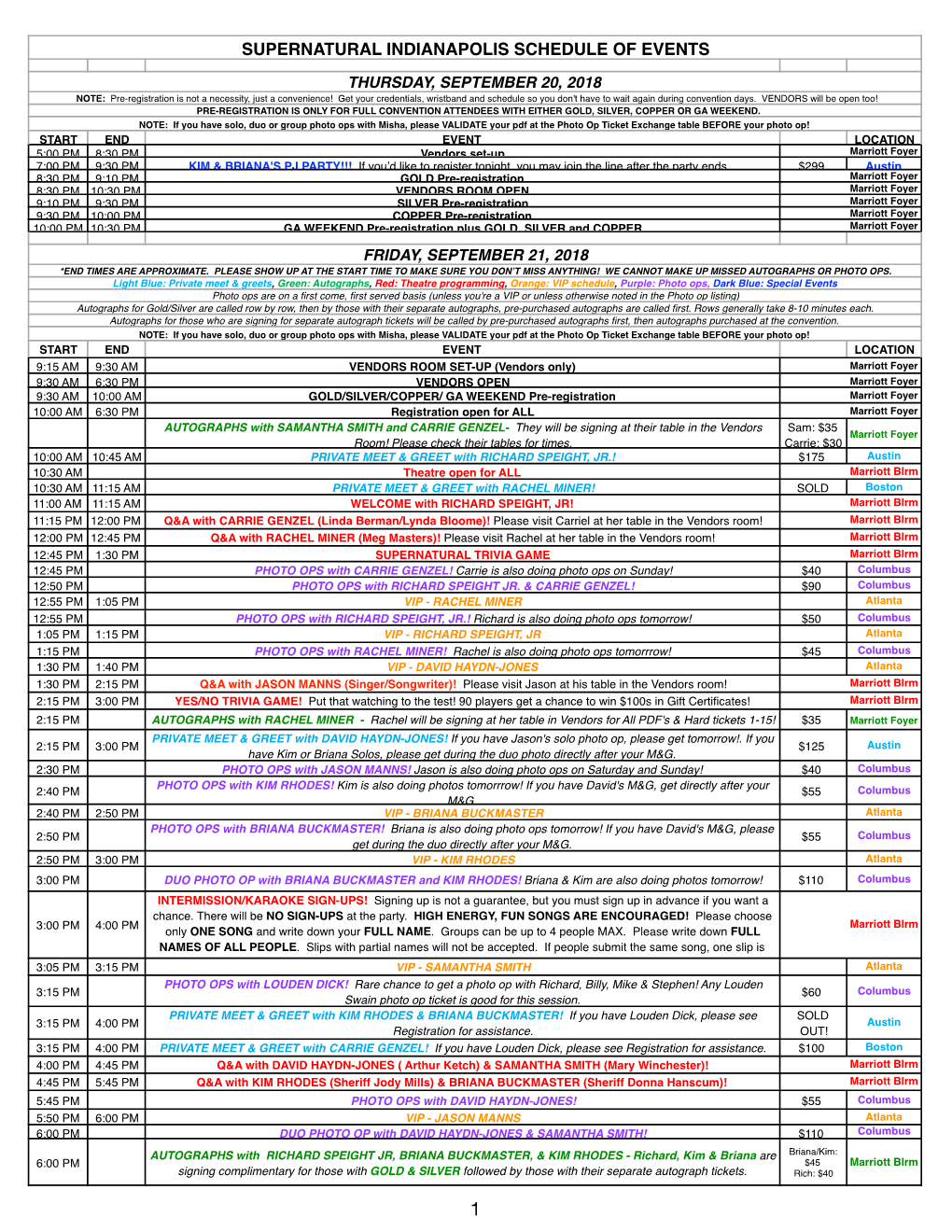 Supernatural Indianapolis Schedule of Events