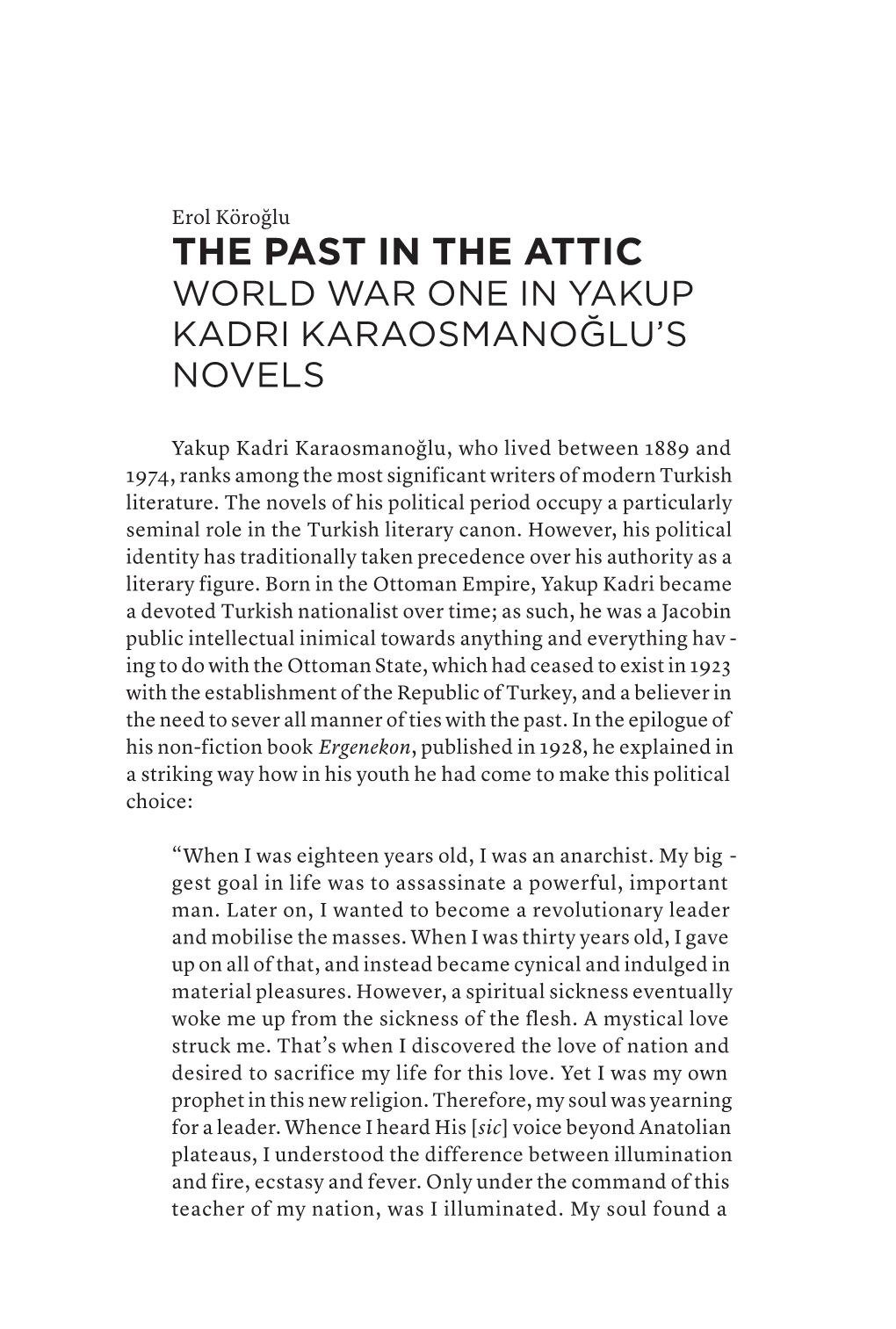 The Past in the Attic World War One in Yakup Kadri Karaosmanoğlu’S Novels