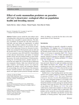 Effect of Exotic Mammalian Predators on Parasites of Cory's Shearwater: Ecological Effect on Population Health and Breeding Success