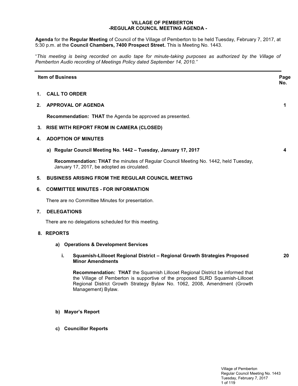 Village of Pemberton -Regular Council Meeting Agenda