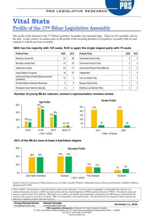 Vital Stats Profile of the 17Th Bihar Legislative Assembly