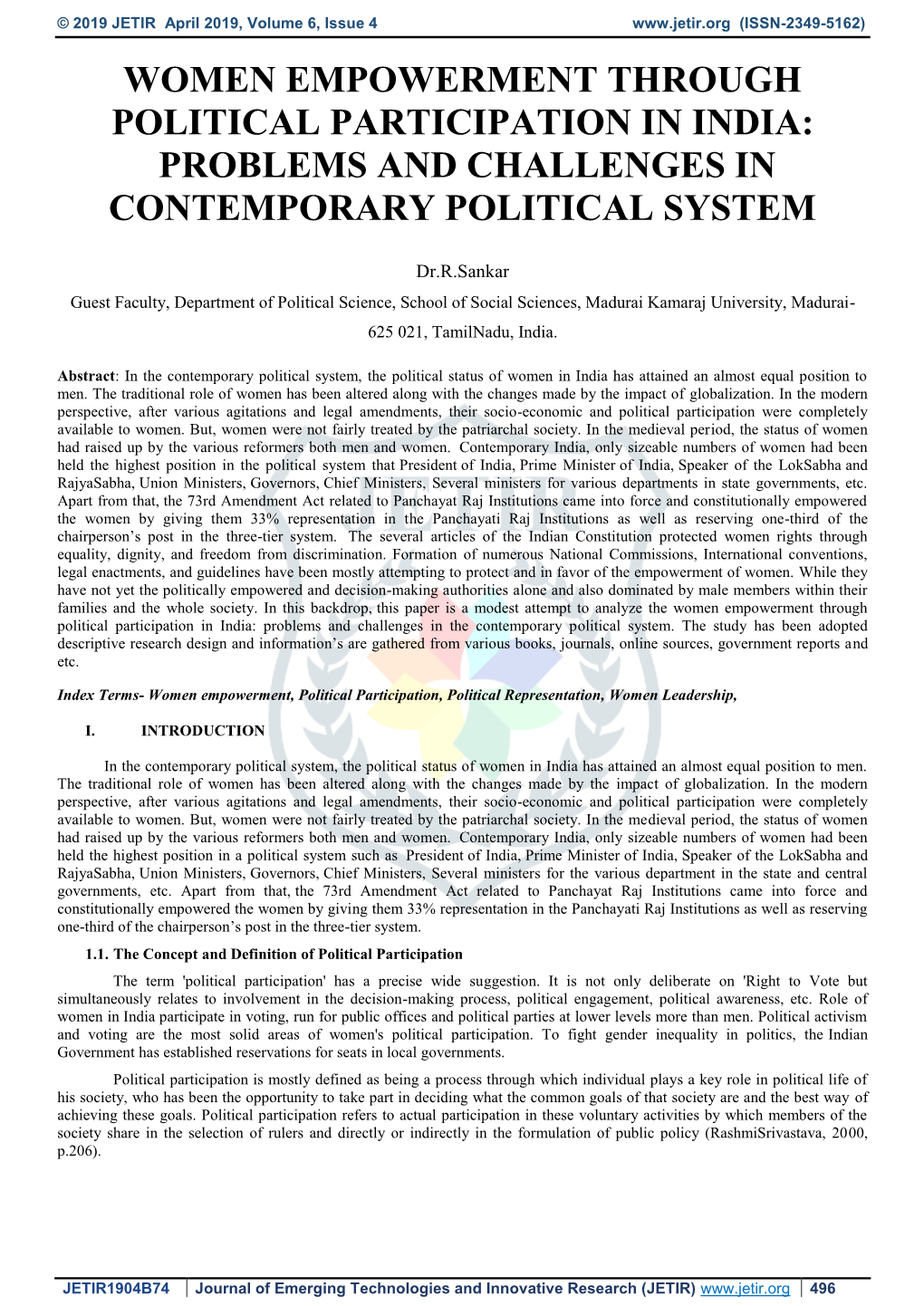 Women Empowerment Through Political Participation in India: Problems and Challenges in Contemporary Political System