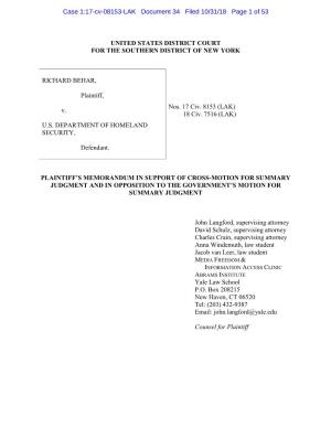 UNITED STATES DISTRICT COURT for the SOUTHERN DISTRICT of NEW YORK RICHARD BEHAR, Plaintiff, V. U.S. DEPARTMENT of HOMELAND