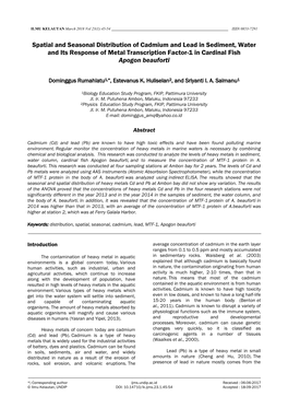 Spatial and Seasonal Distribution of Cadmium and Lead in Sediment, Water and Its Response of Metal Transcription Factor-1 in Cardinal Fish Apogon Beauforti