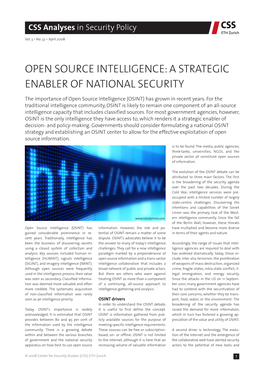 Open Source Intelligence: a Strategic Enabler of National Security the Importance of Open Source Intelligence (OSINT) Has Grown in Recent Years