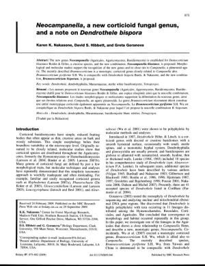 Neocampanella, a New Corticioid Fungal Genus, and a Note on Dendrothe/E Bispora