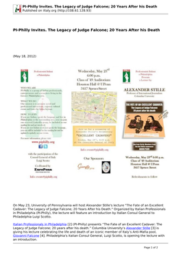 PI-Philly Invites. the Legacy of Judge Falcone; 20 Years After His Death Published on Iitaly.Org (