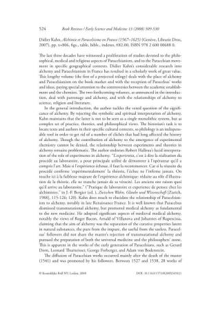 Didier Kahn, Alchimie Et Paracelsisme En France (1567–1625) (Genève, Librarie Droz, 2007), Pp