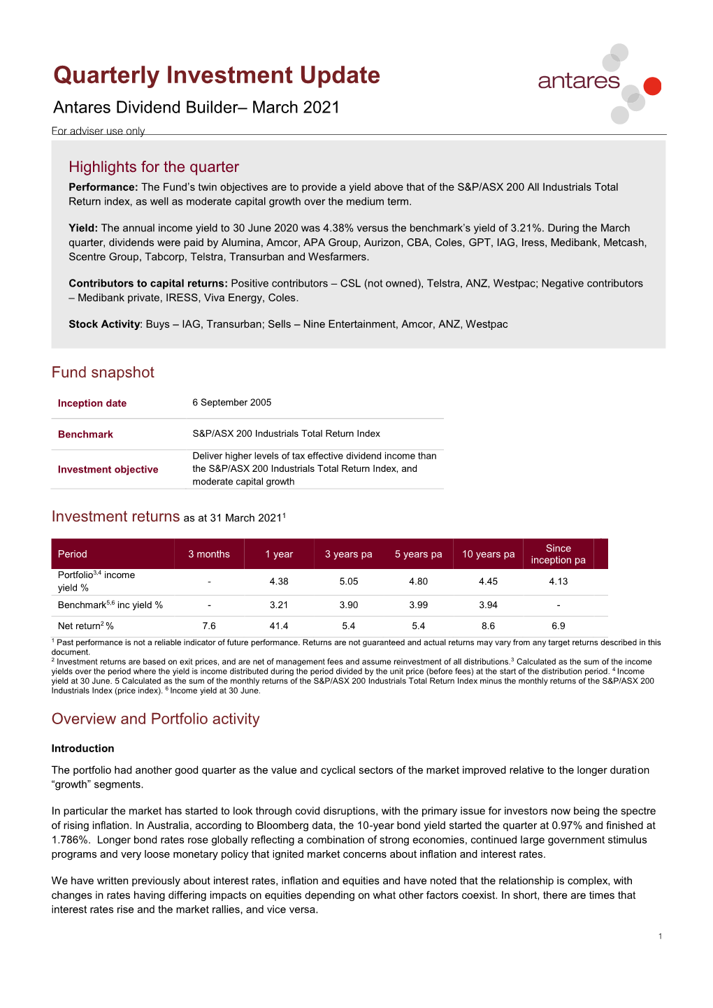 Quarterly Investment Update Antares Dividend Builder– March 2021 for Adviser Use Only